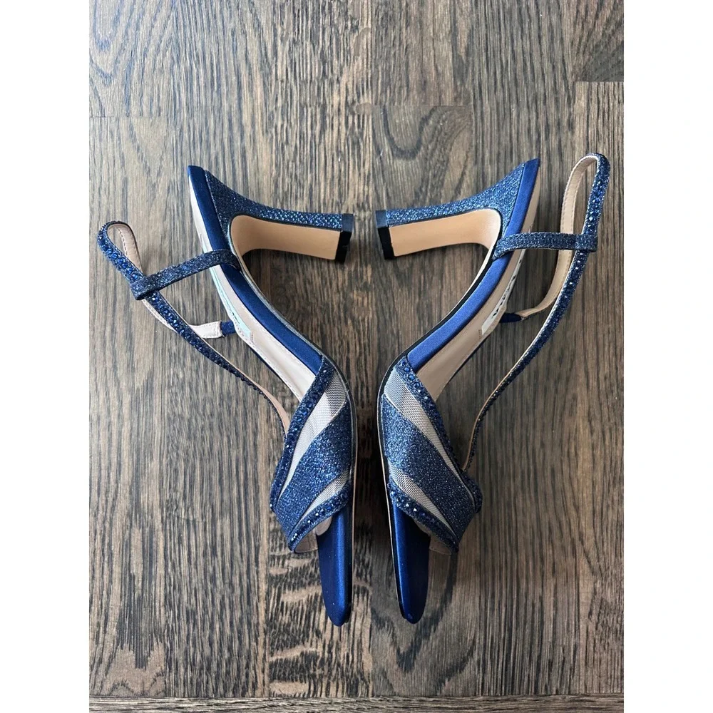Nina New York Abbi-YF Navy Blue Glitter Rhinestone Slingback Heels Sandals 6.5M